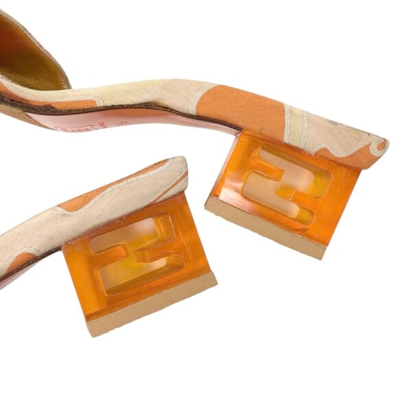 FENDI Vintage FF Logo Sandals Block Heels #36.5 Orange Gold Canvas [106216] - Picture 9 of 11